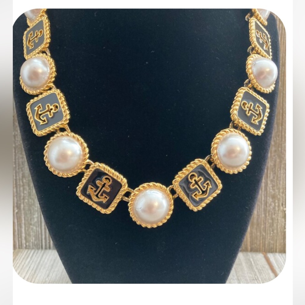 Vintage Anne Klein Gold, Pearl and Black Anchor Necklace